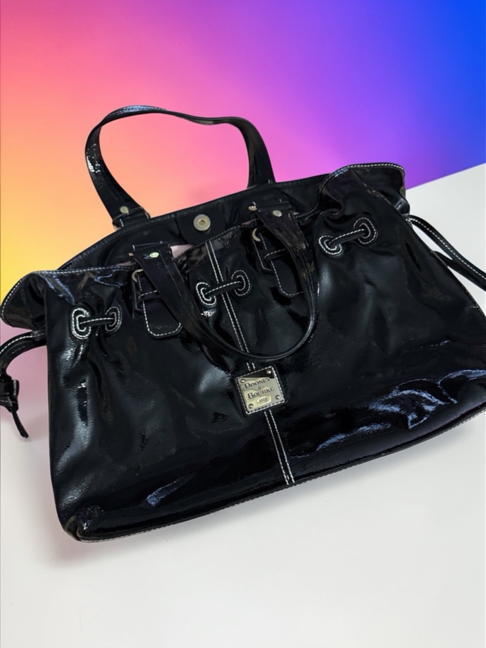 Vintage Dooney & Bourke Black Patent Leather Drawstring Satchel with Logo Plaque - Picture 2 of 10